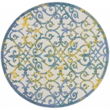 Palacedesigns 5 ft. Round Ivory & Blue Indoor & Outdoor Area Rug PA3659599
